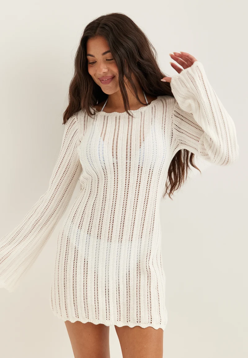 Boat Neck Structure Knitted Short Dress