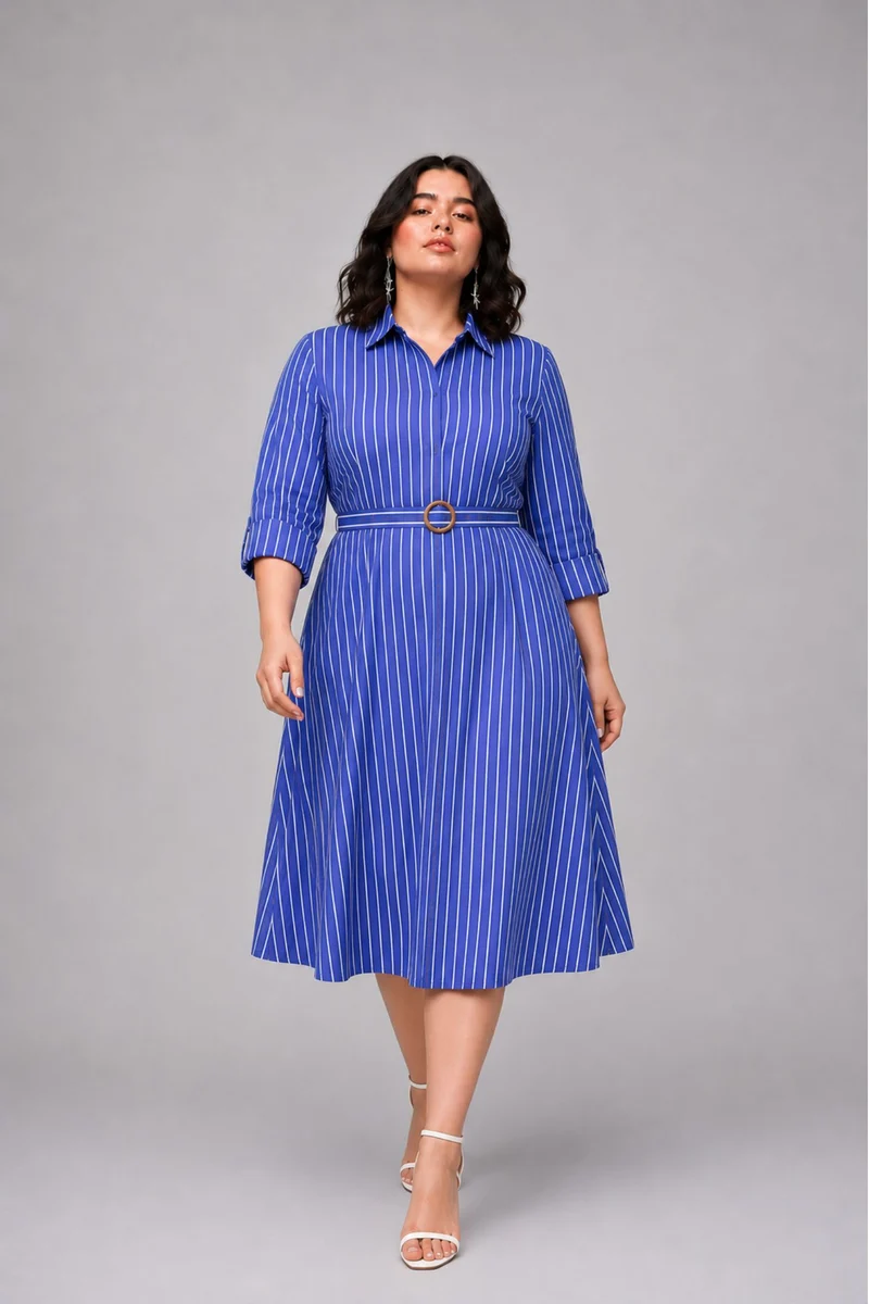 Marigold|100% Cotton Belted Midi Shirt Dress