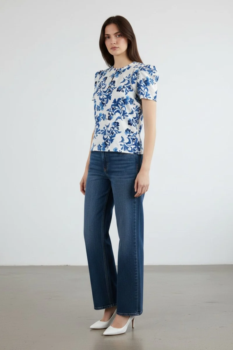 Clarisse|100% Cotton Lace Insert Floral Blouse