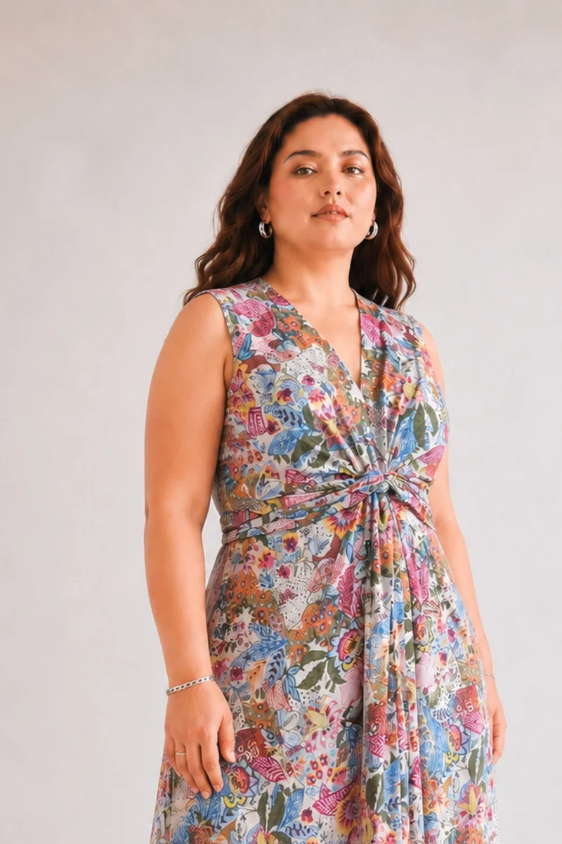 Aviora|100% Viscose Floral Twist-Front Midi Dress