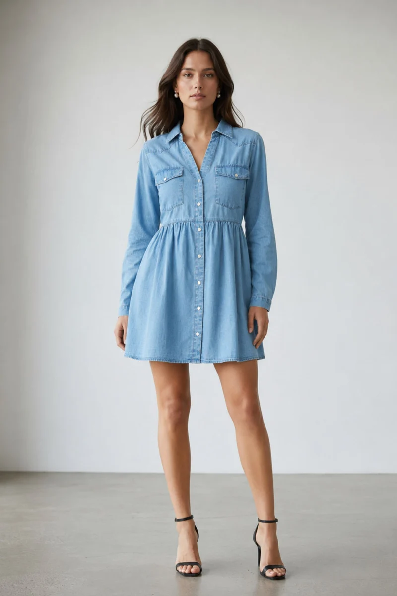 Brakin|100% Cotton Relaxed Denim Shirt Mini Dress