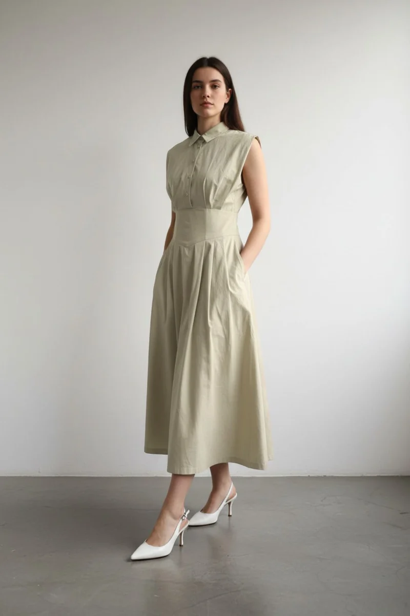 Makeba|100% Cotton Pleated Shirt Dress