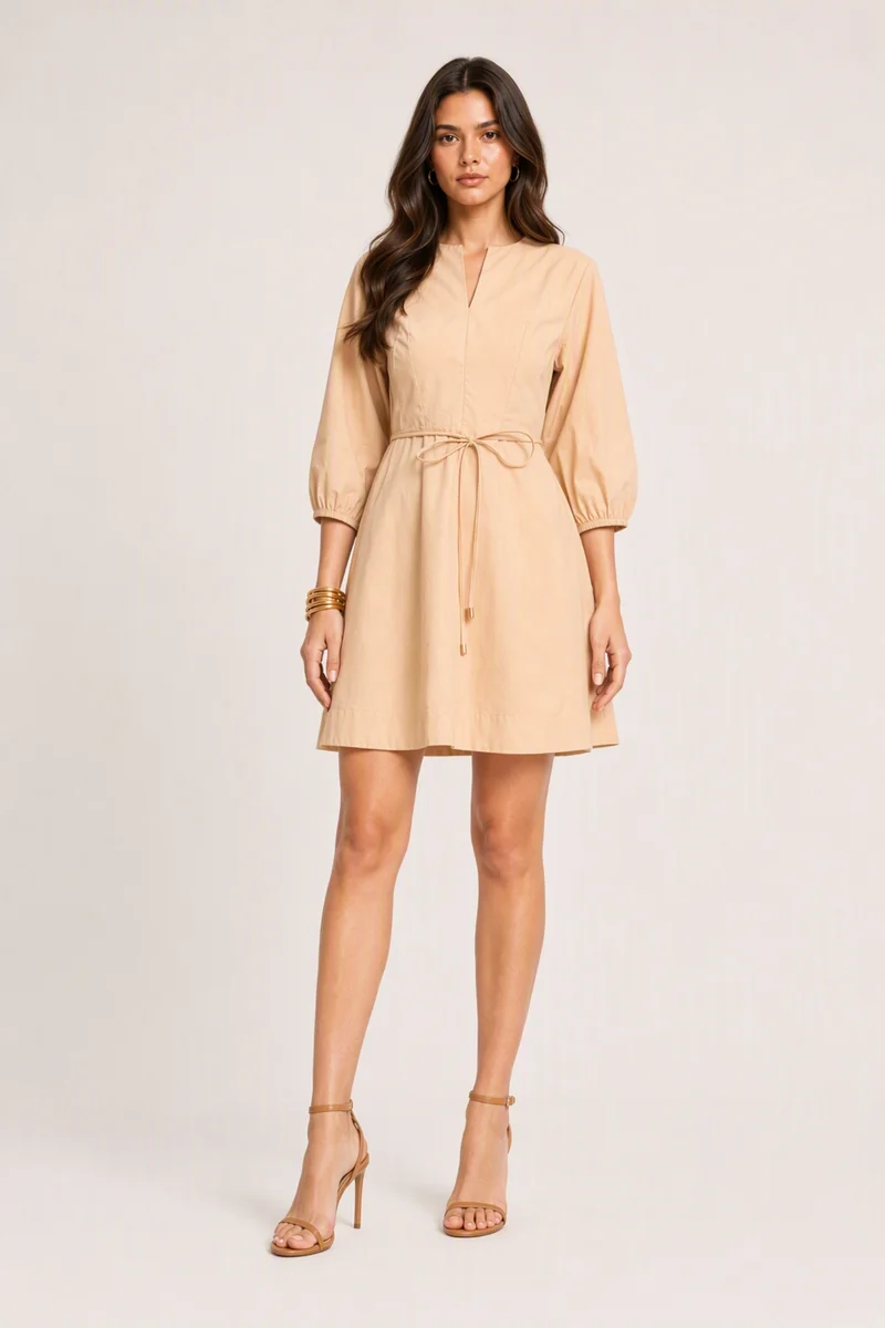 Haanae|100% Cotton Split Crew Neck Mini Dress