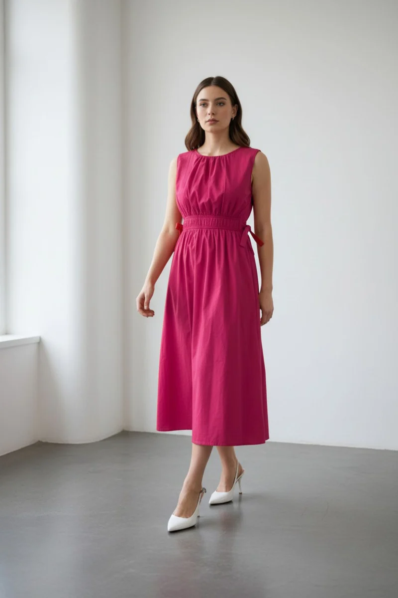 Prisha|100% Cotton Waist Tie Up Midi Dress