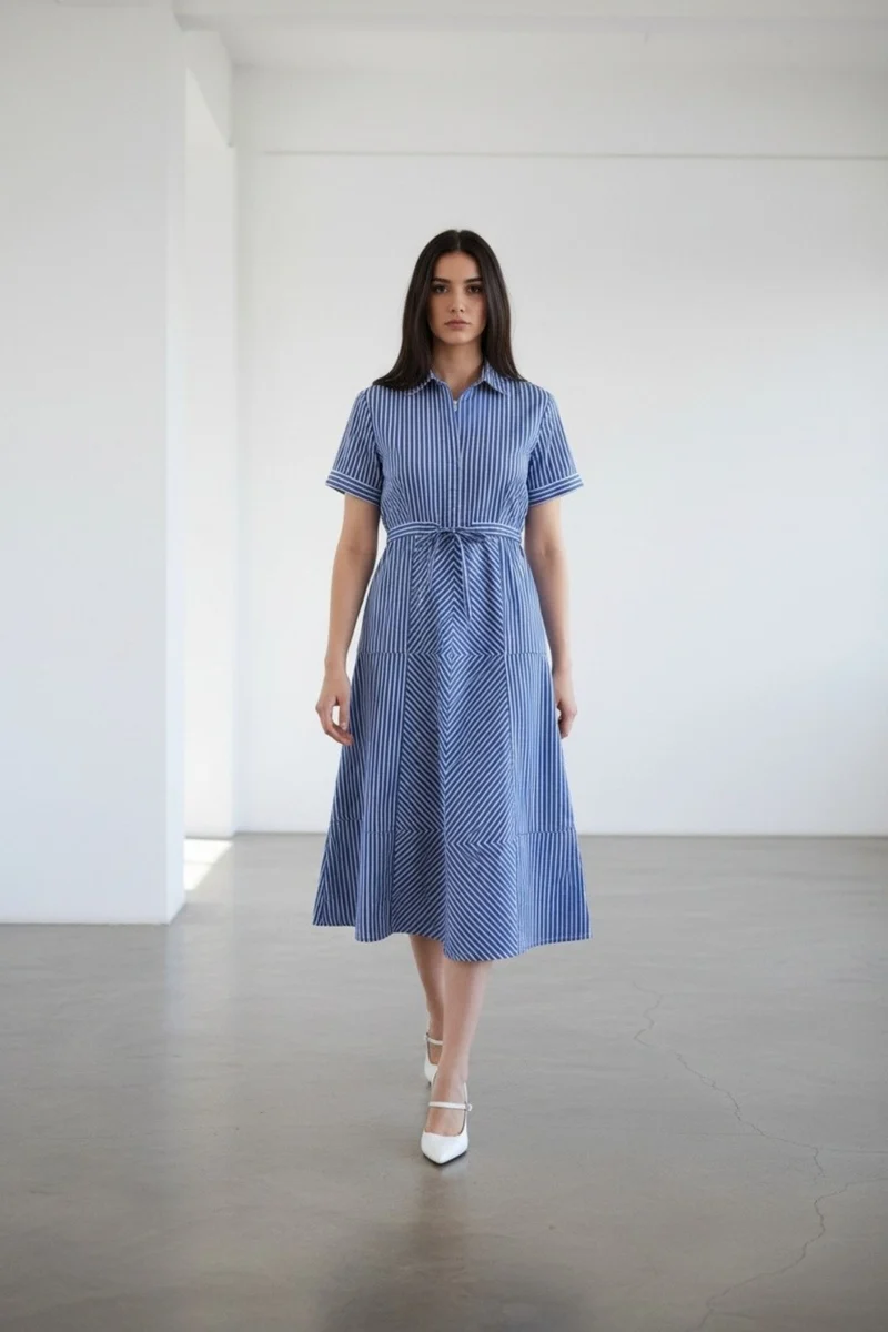 Diya|100% Cotton Striped Shirt Midi Dress