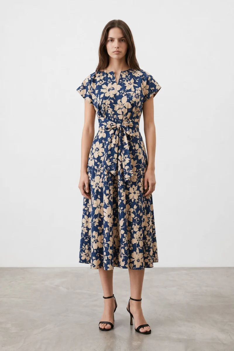 Shanaya|100% Cotton Floral V Neck Tie Up Midi Dress