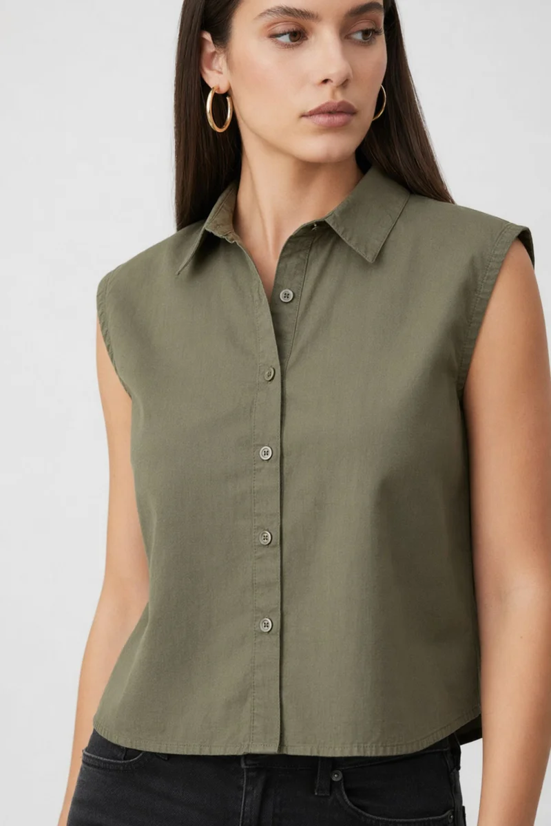 Saanvi|100% Cotton Sleeveless Button-Down Shirt