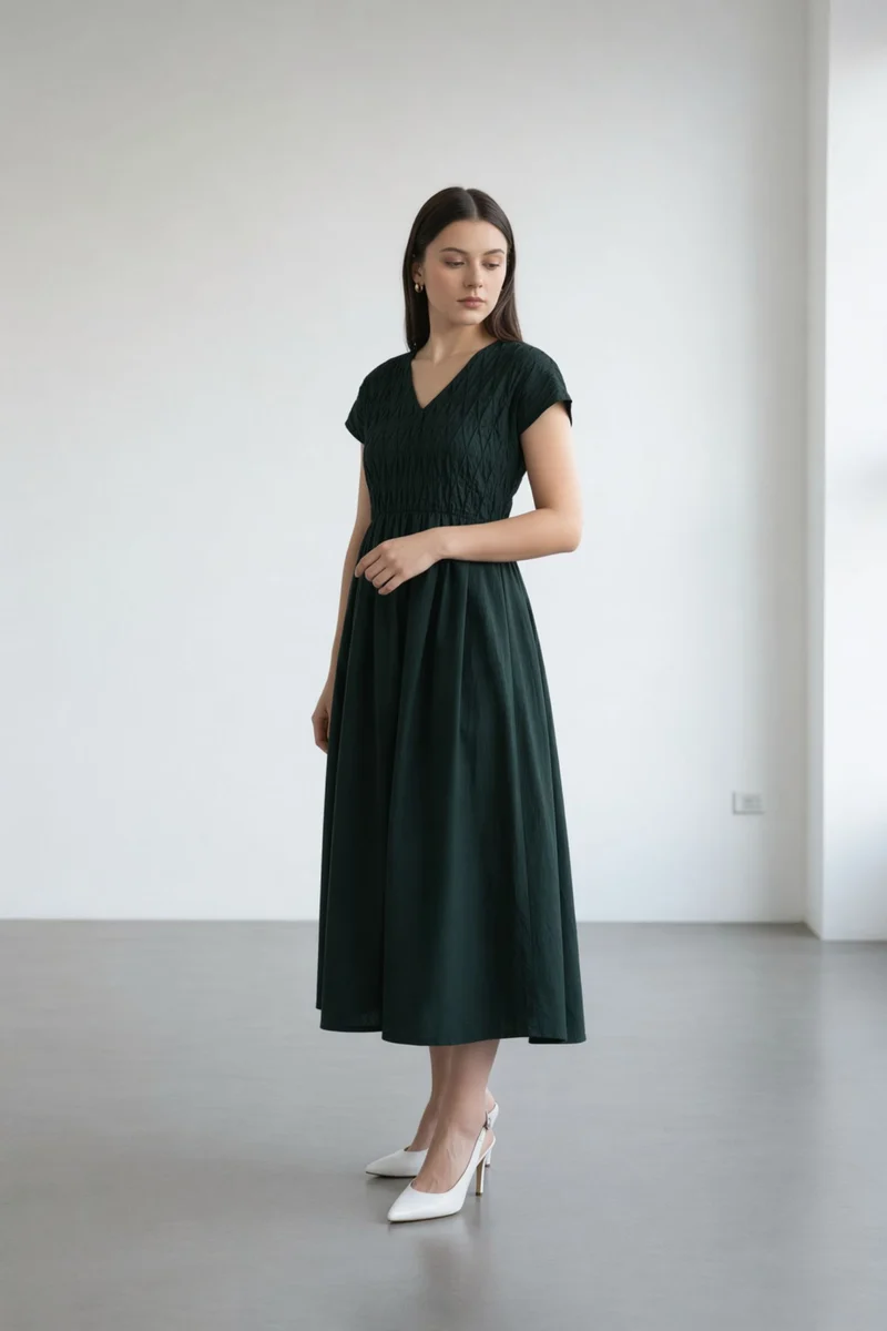 Yashvi|100% Cotton Pleated Bodice Midi Dress