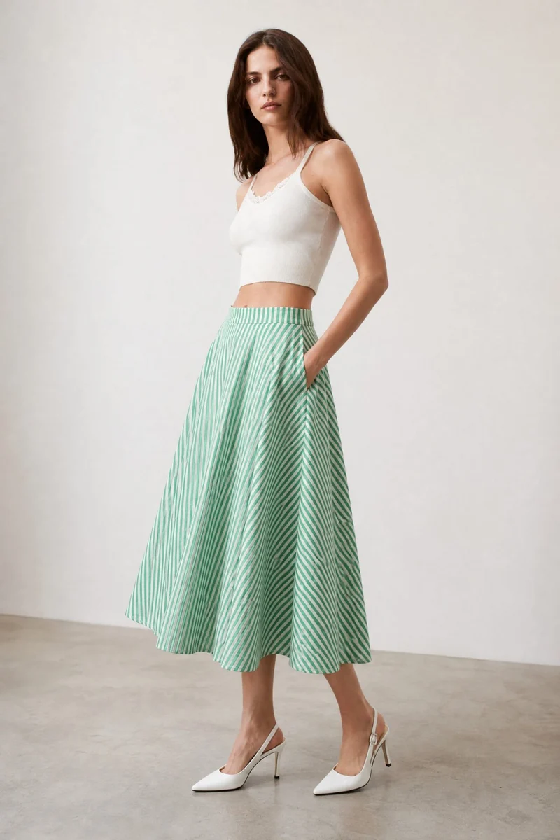 Tanvika|100% Cotton Striped Flared Midi Skirt