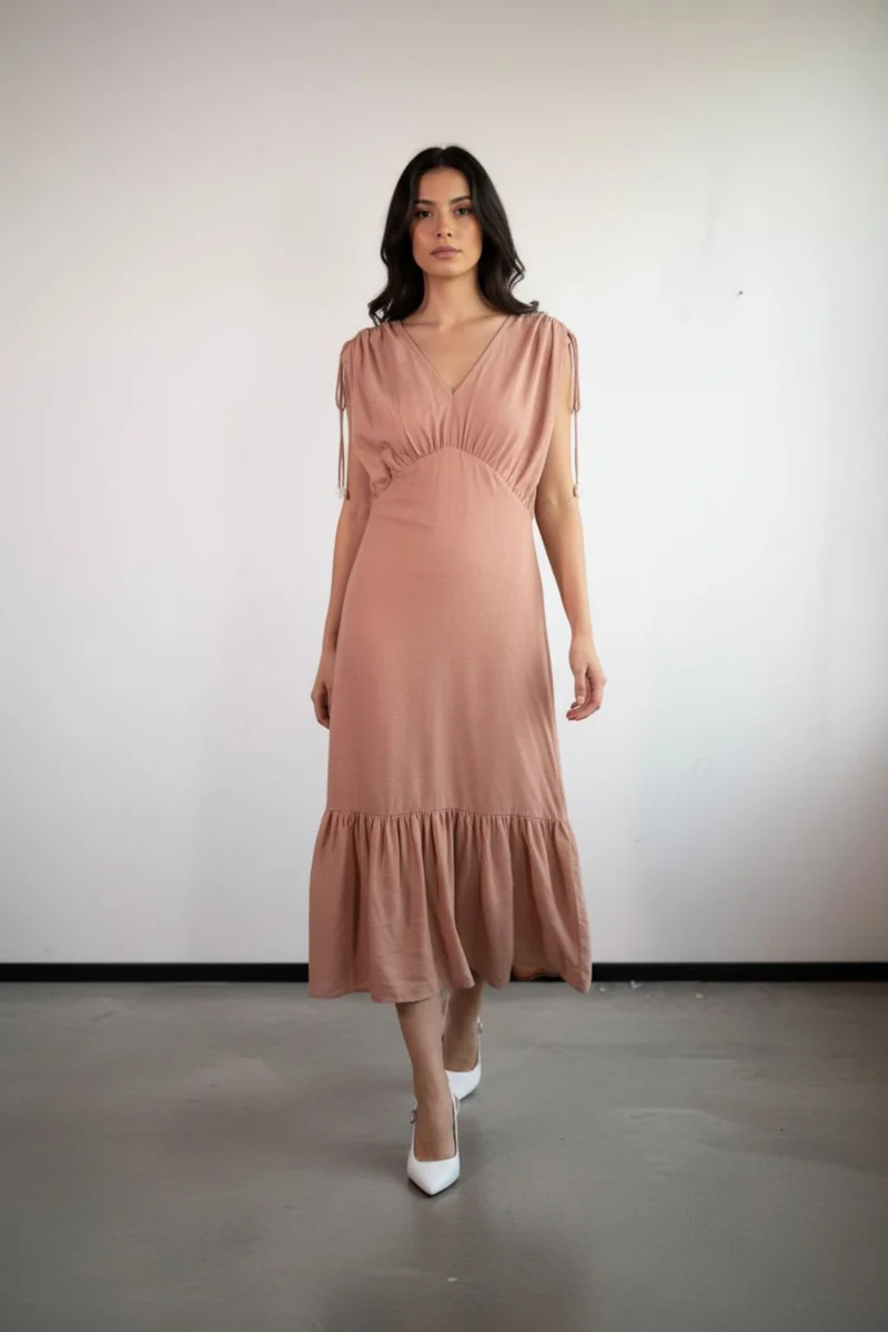 Nyra|100% Cotton V Neck Drop Waist Midi Dress