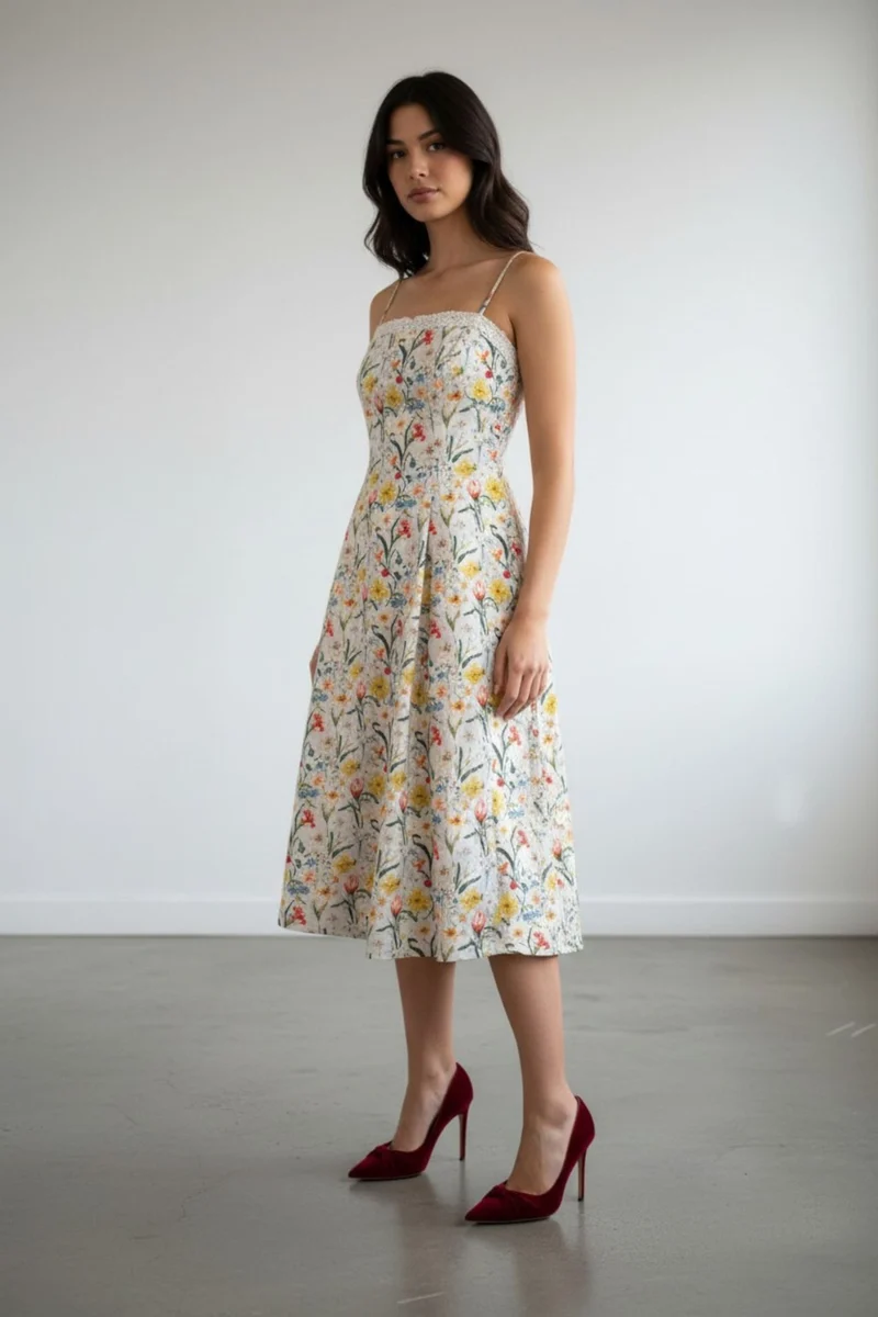 Serenae|Lace Trim Strap Midi Dress