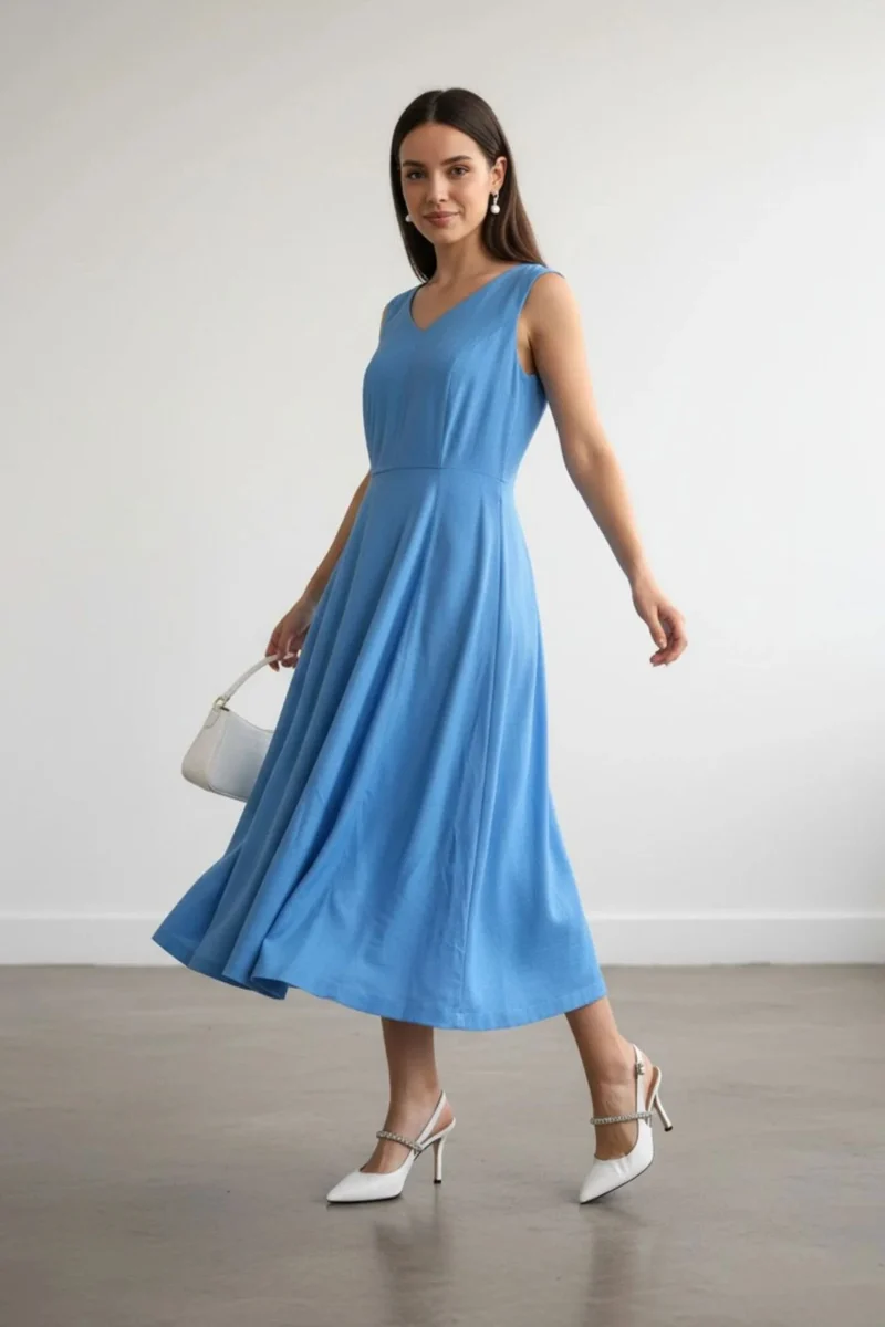 Zorelle|100% Viscose V-Neck Midi Dress