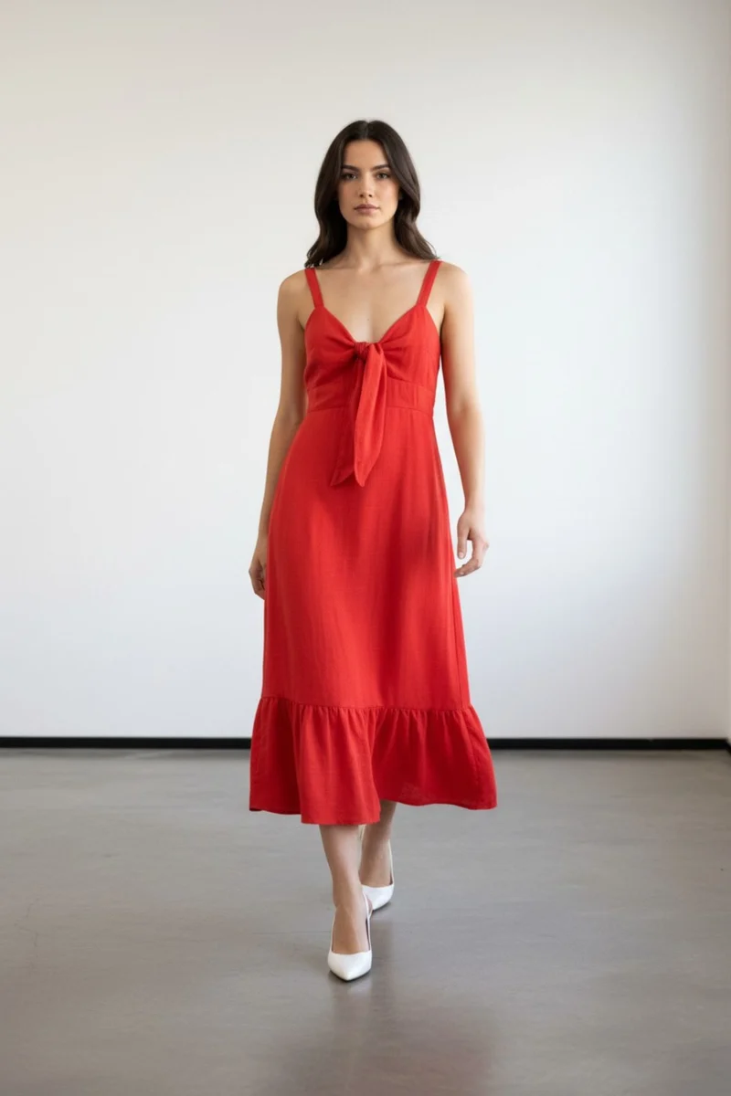 Rosaline|100% Viscose Front Tie Bodice Midi Dress