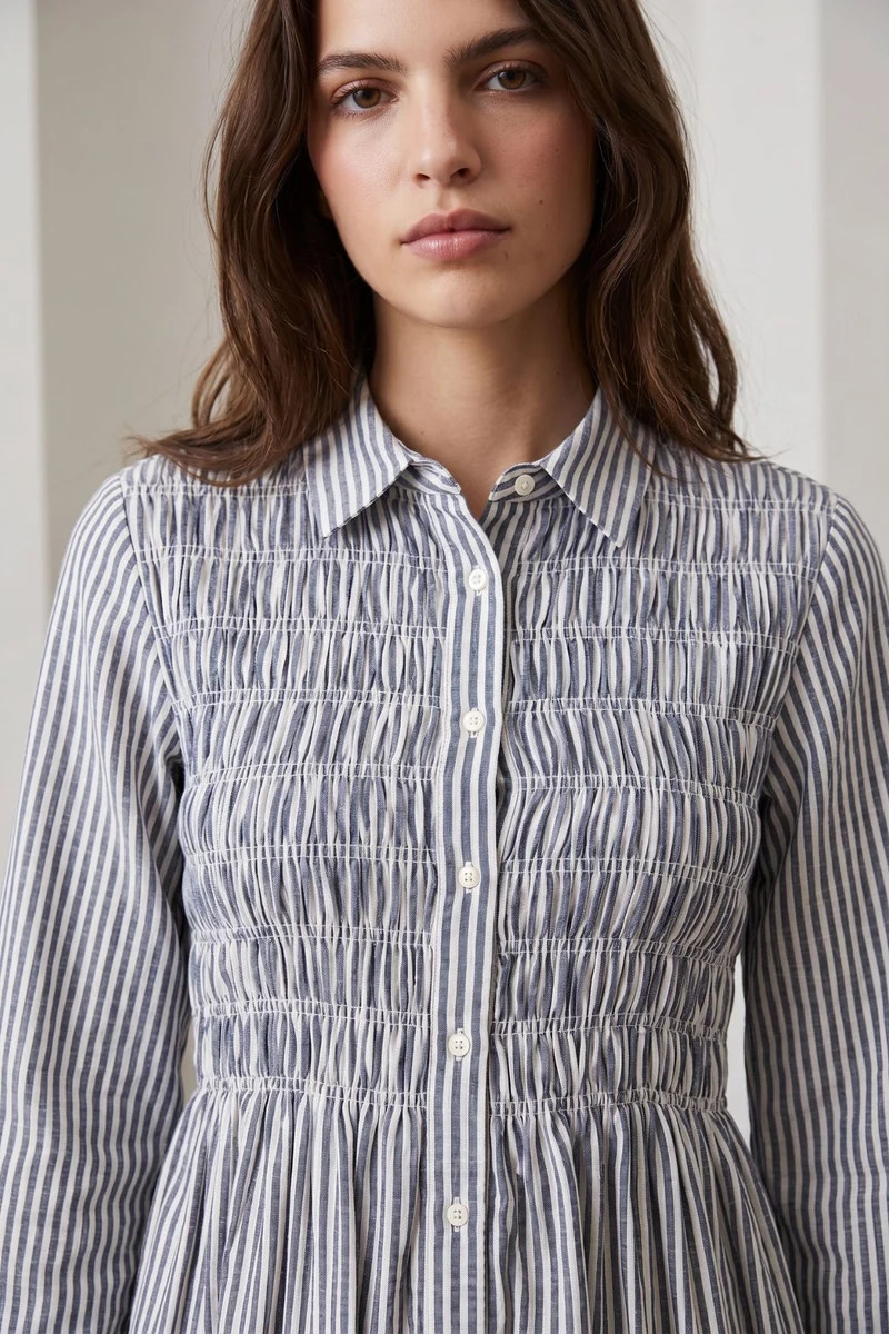 Bellamy|100% Cotton Smocked Bodice Shirt Dress