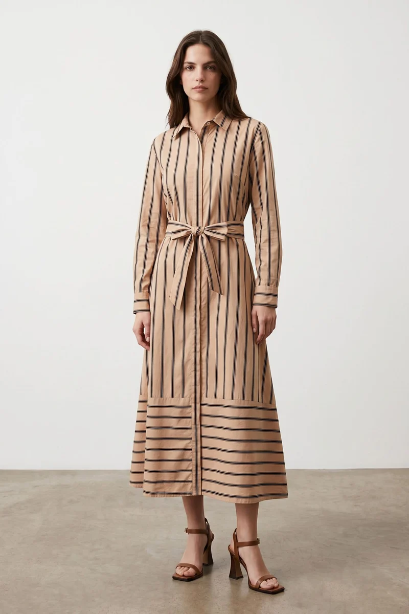 Virellea|Striped Belted Shirt Midi Dress