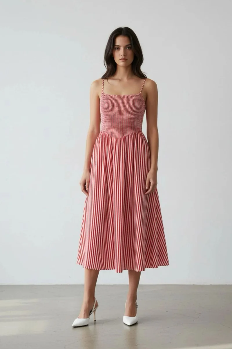 Alouisa|100% Cotton Smocked Stripe Midi Dress