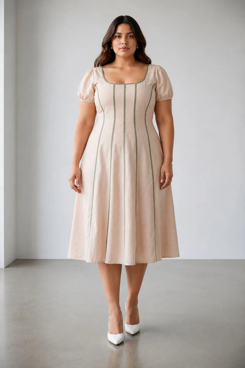 Cassiana|100% Cotton Scoop Neck Panelled Dress