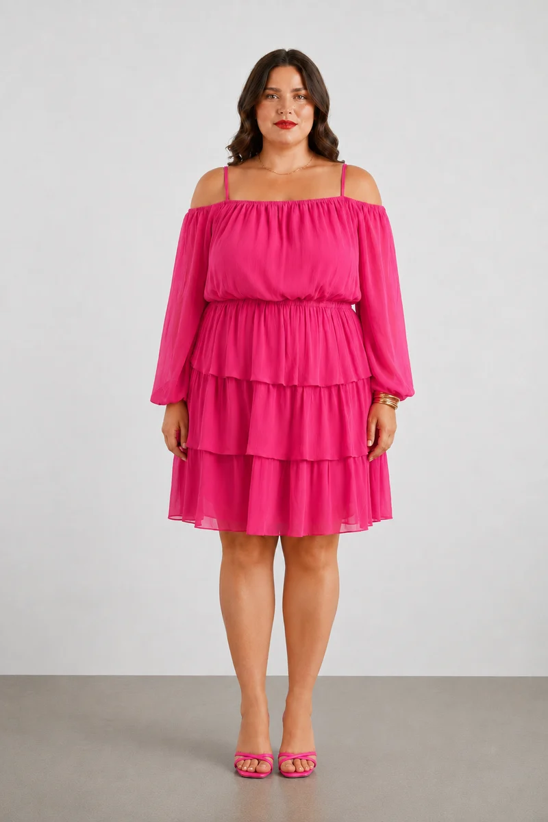 Solenne Bleu|100% Viscose Tiered Off Shoulder Mini Dress