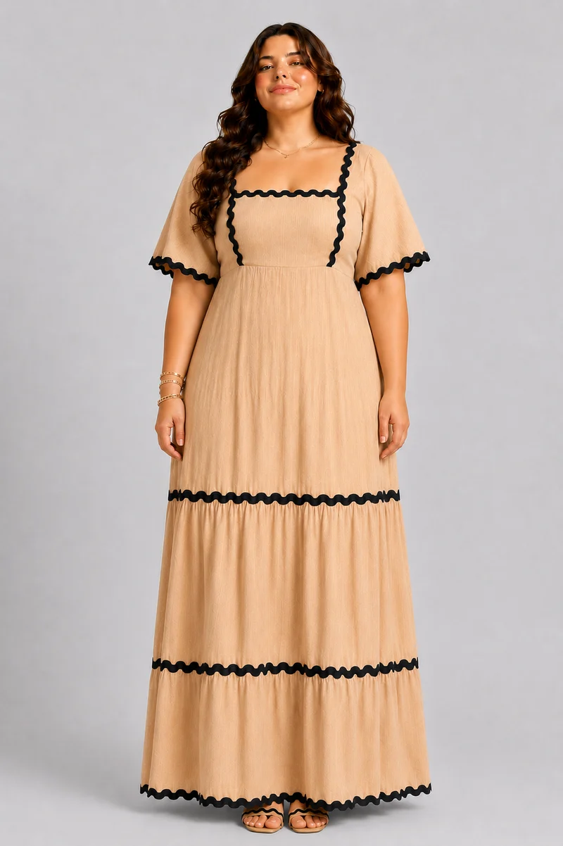 Lumina|100% Cotton Tiered Flared Sleeve Dress