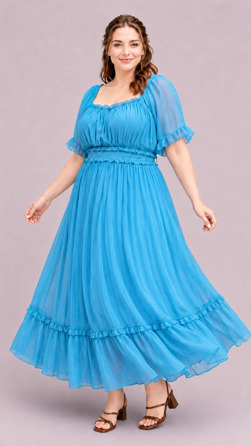 Serelle|100% Viscose Gathered Ruffle Maxi Dress