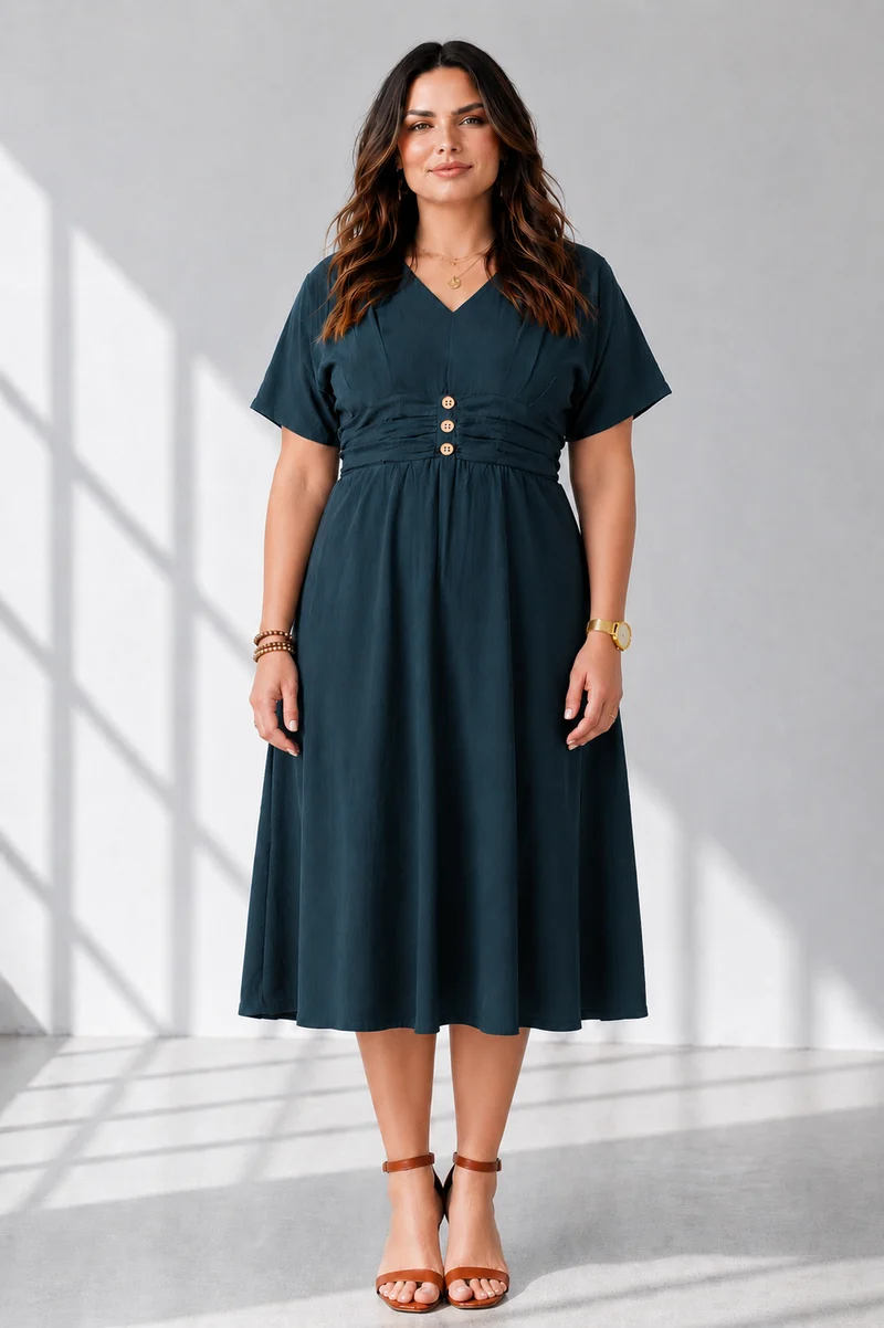 Estrela|100% Cotton V-Neck Fit & Flared Dress