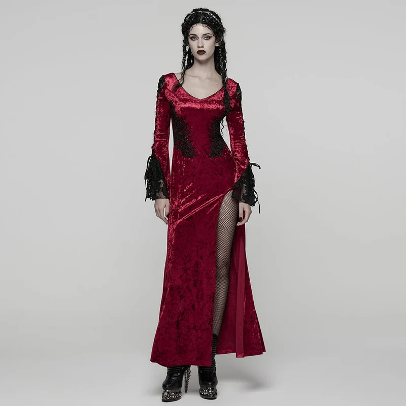 Damklänning med gotisk blommig broderi och skarv i nät, röd