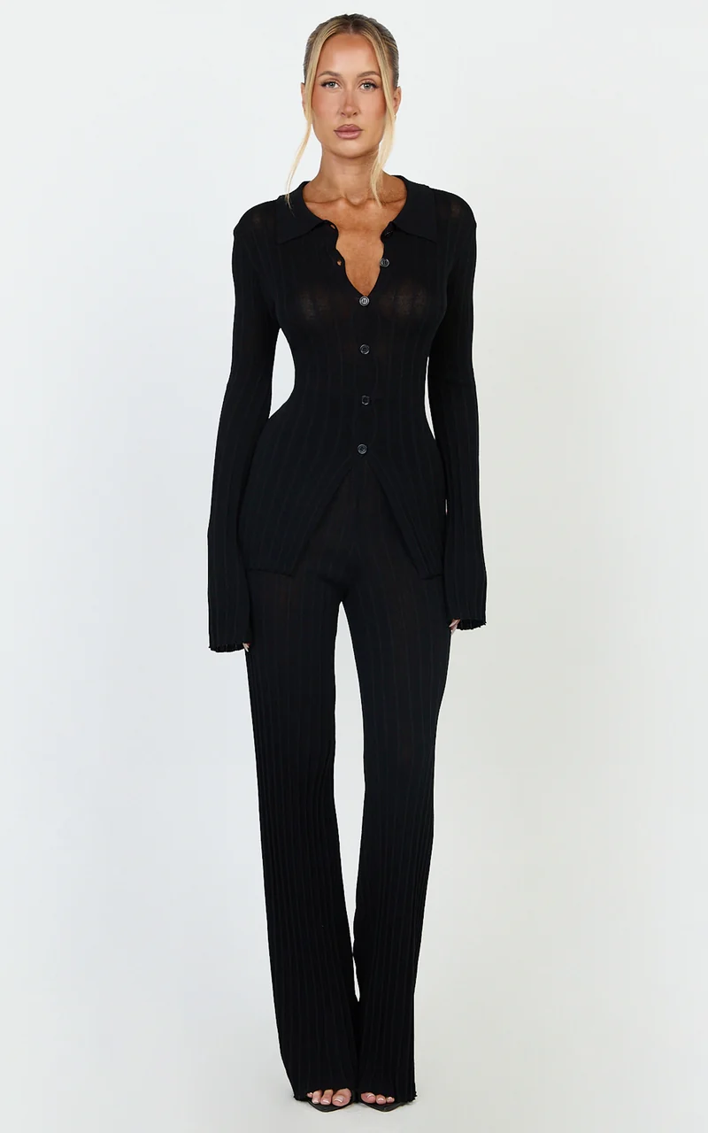 Ezra Two Piece Set - Knitted Button Down Long Sleeve Top and High Waist Pants Set in Black