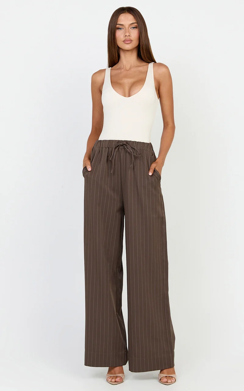 Amara Pants - High Waist Wide Leg Stripe Pants in Chocolate