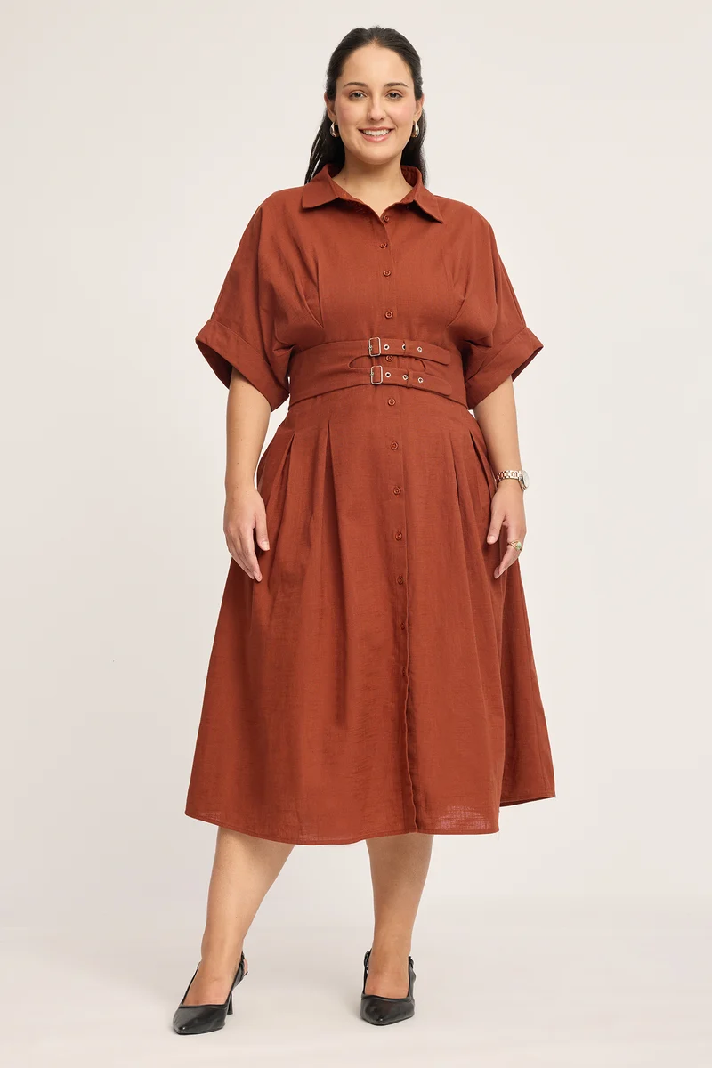 Delphine|100% Cotton Double Belted Midi Dress