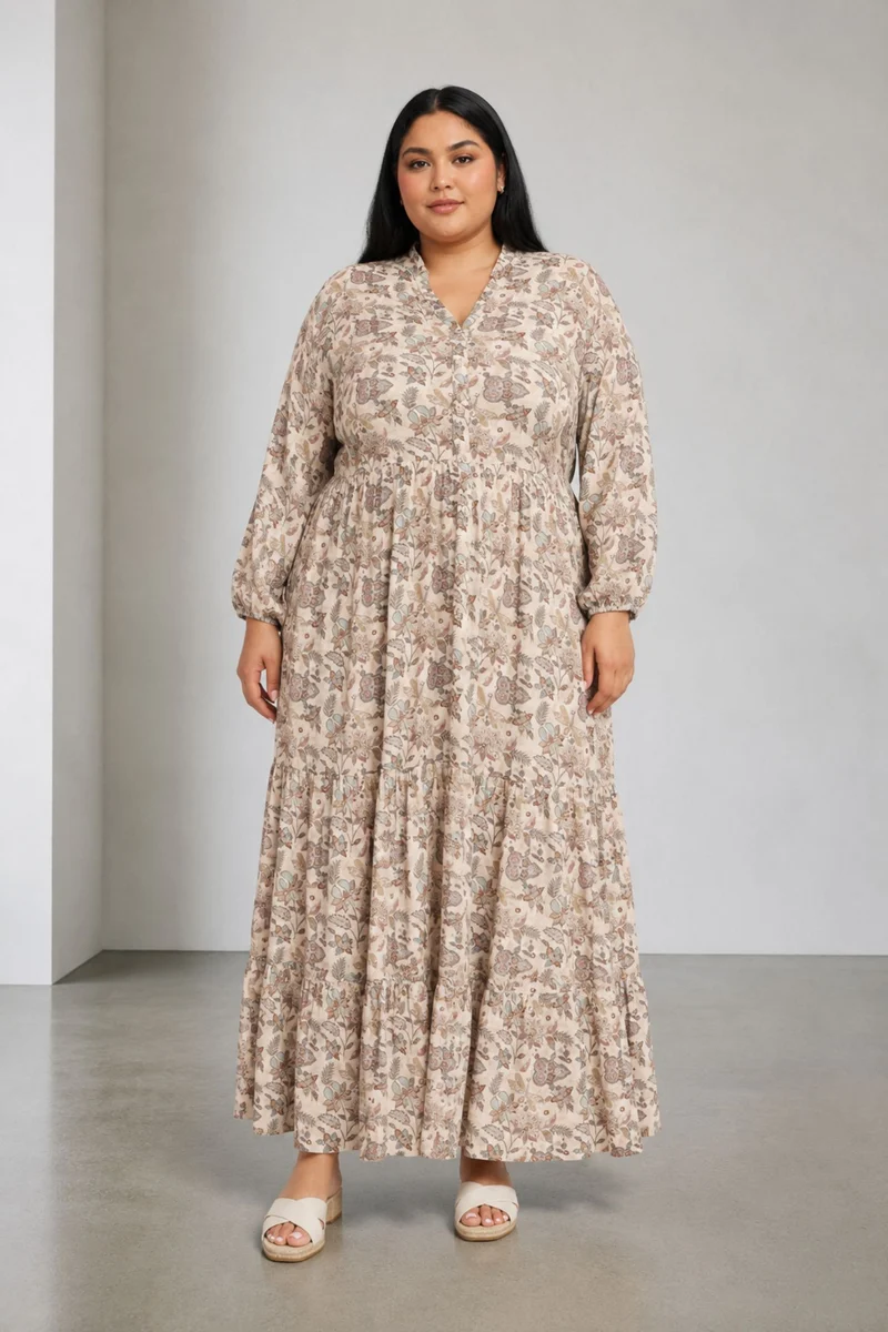 Tavra|100% Viscose Tiered Maxi Shirt Dress