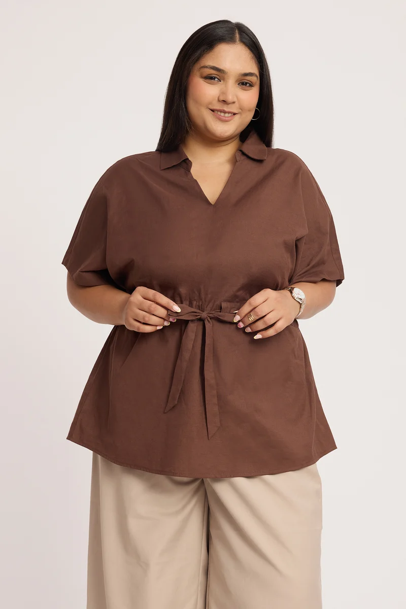 Jorga|100% Cotton Collared Top With Tie Up