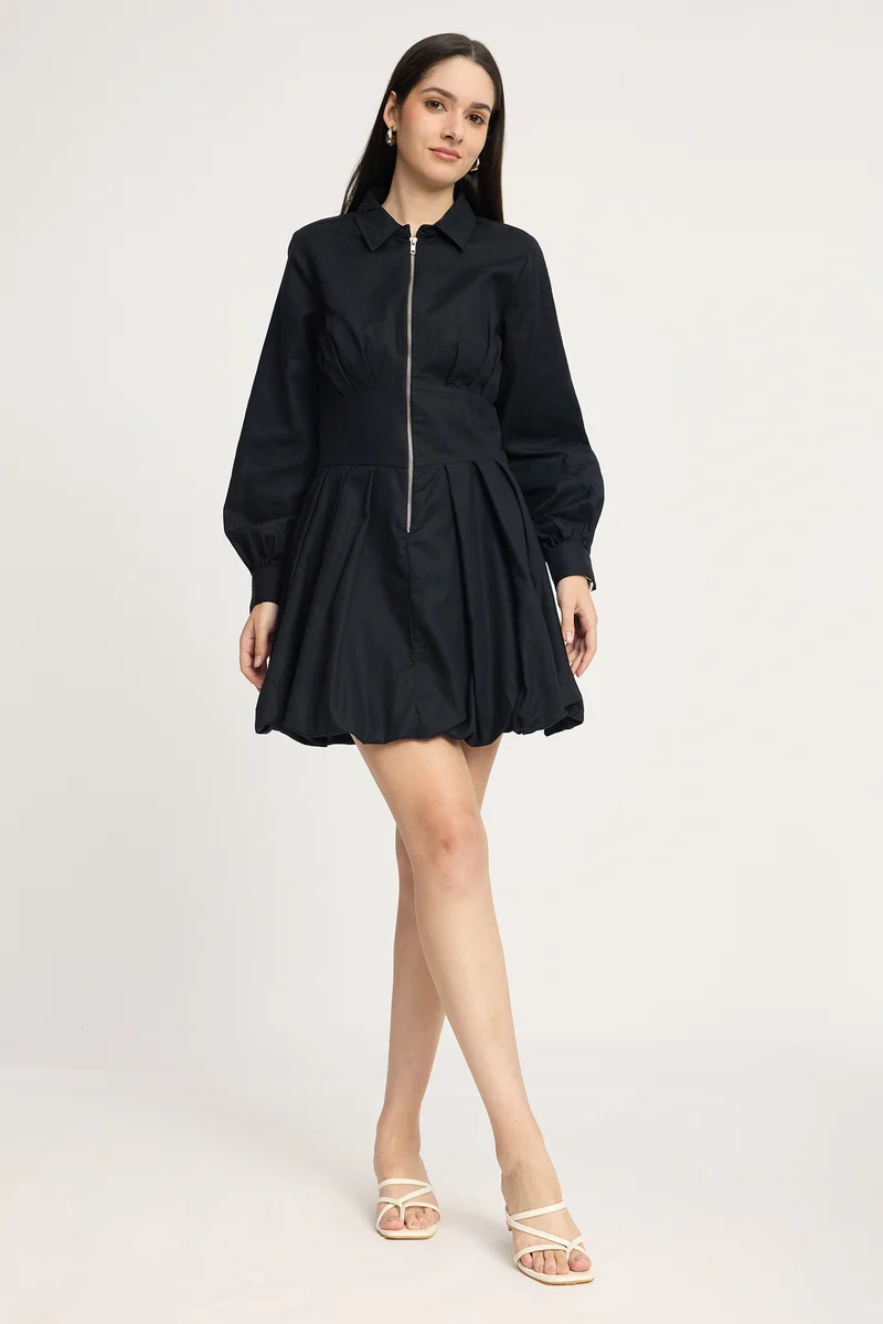 Siyah|100% Cotton Pleated Bubble Hem Mini Dress