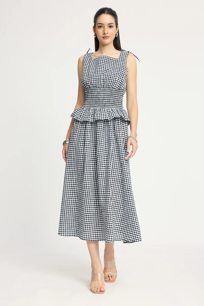 Janni|100% Cotton Smocked Waist Midi Dress