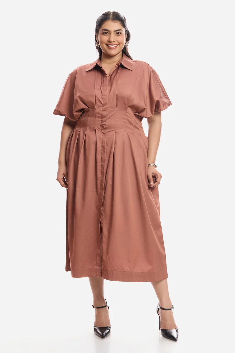 Tara|100% Viscose Pleated Button Shirt Dress