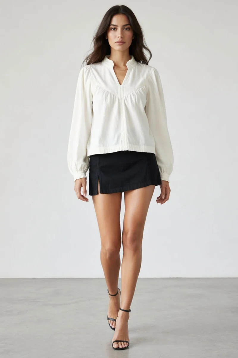 Braisy|100% Cotton Gathered Yoke Boxy Denim Top