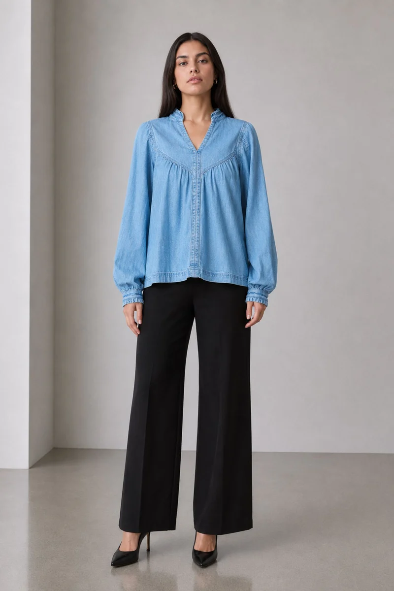 Emol|100% Cotton Gathered Yoke Boxy Denim Top