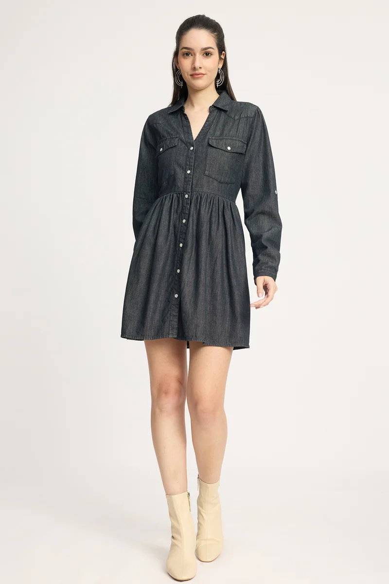 Branny|100% Cotton Relaxed Denim Shirt Mini Dress