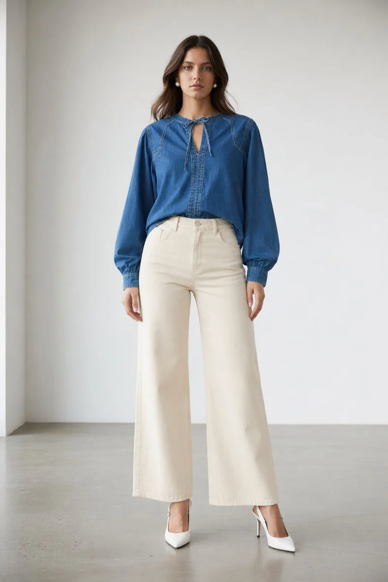 Akanuk|100% Cotton Mandarin Collar Denim Top