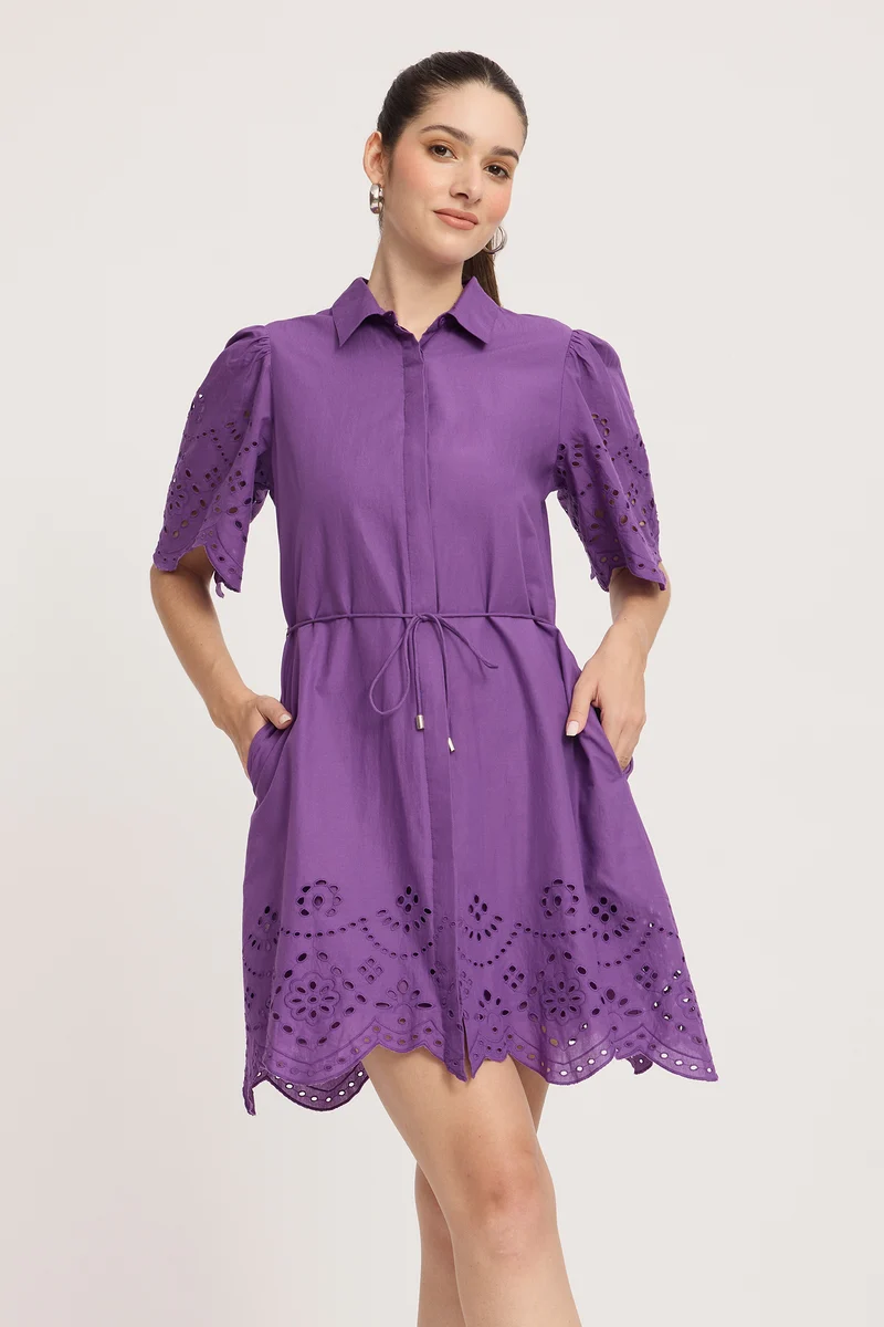 Majaga|100% Cotton Schiffli Mini Shirt Dress