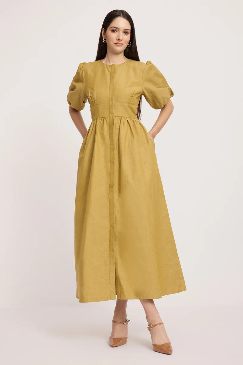 Shisha|100% Cotton Puff Sleeves Maxi Shirt Dress