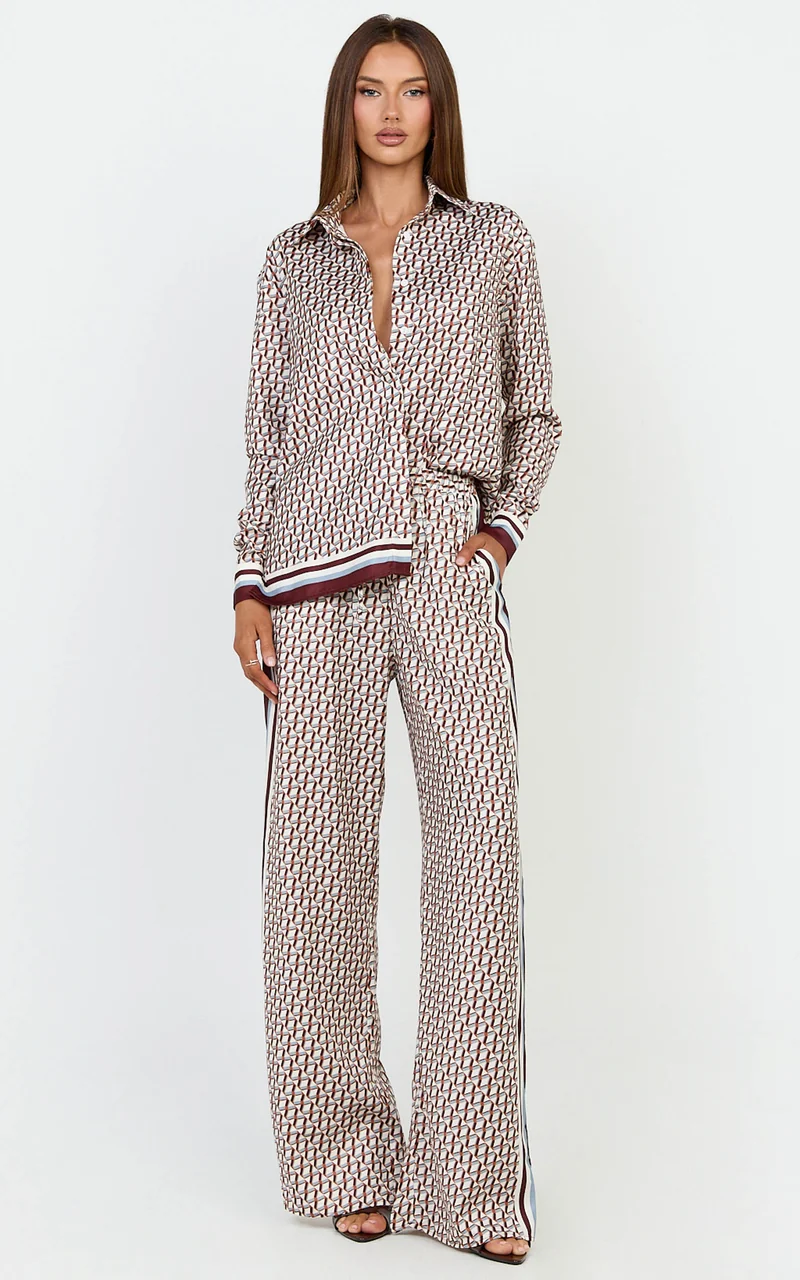 Noelle Pants- Geo Border Print High Elasticated Waist Relaxed Trousers in Geo Border Print