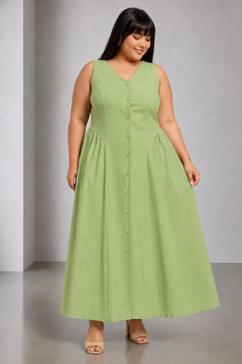 Roili|100% Cotton V Neck Midaxi Shirt Dress