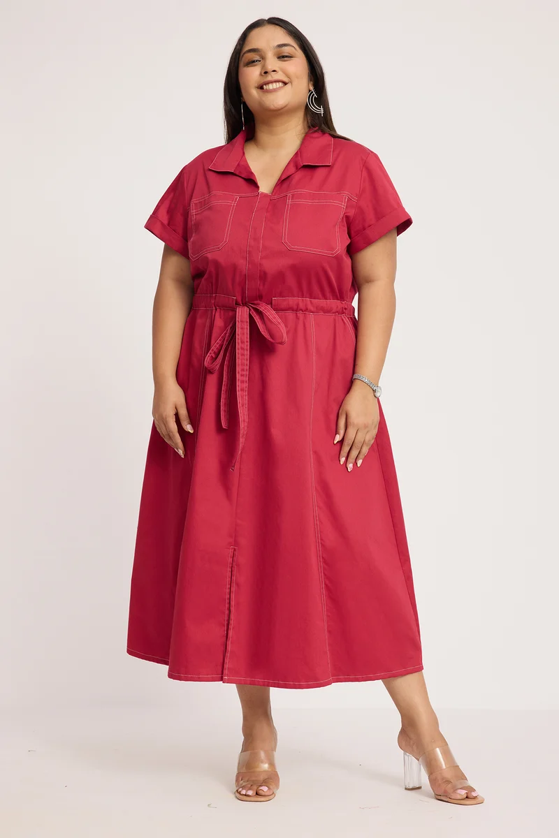 Sirva|100% Cotton Shirt Dress With Tie Up