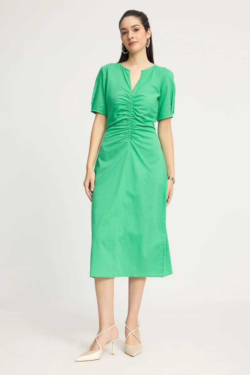 Kinnae|100% Cotton Ruched Midi Dress