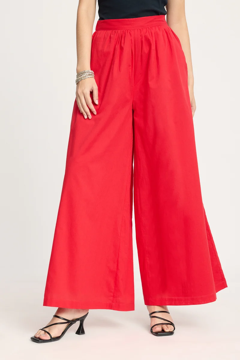 Jannae Bottom|100% Cotton Red Flared Trousers