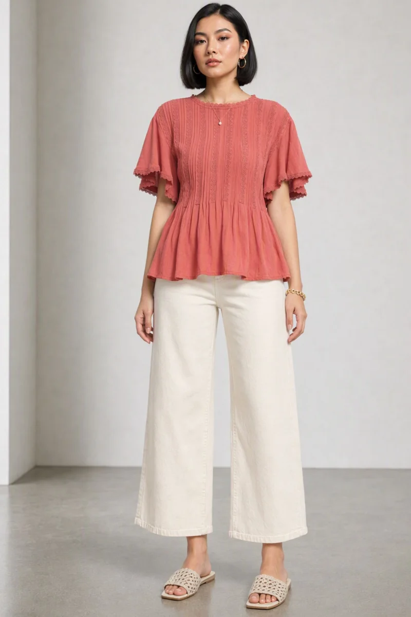 Kisnae|100% Viscose Lace Panel Peplum Top