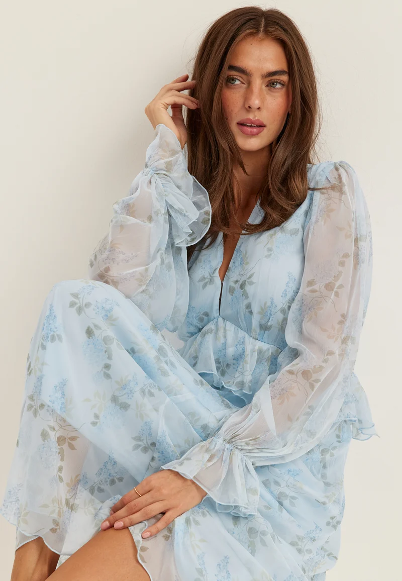 Frill L/S Chiffon Midi Dress