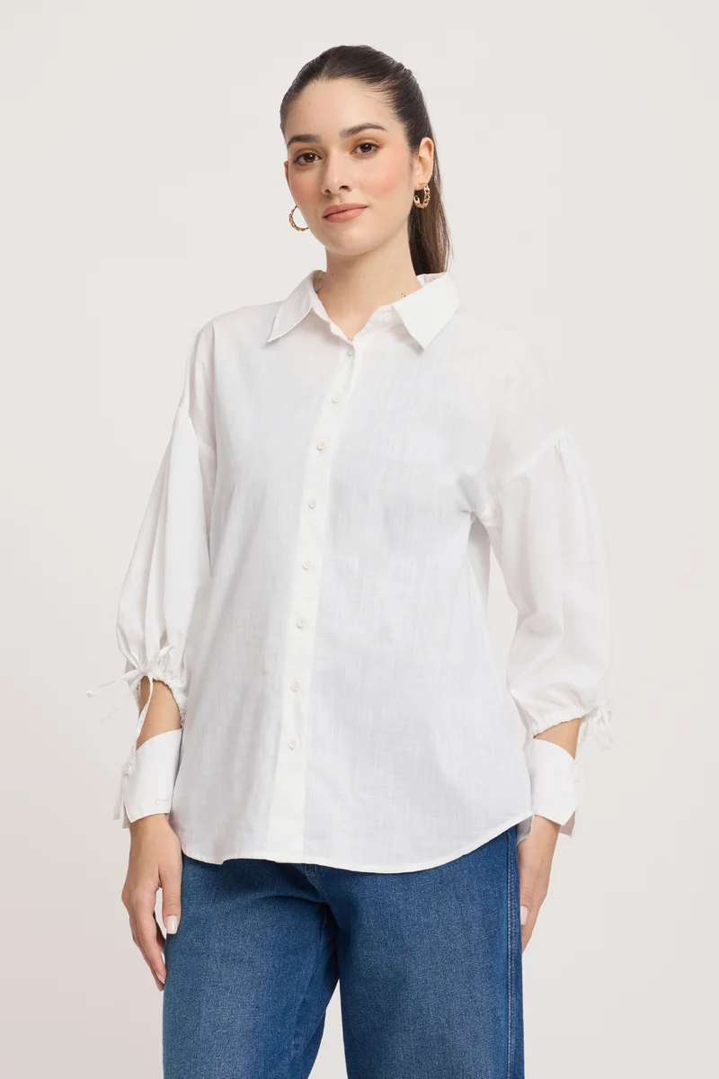 Rhiva|100% Cotton Tie-Up Puff Sleeve Shirt