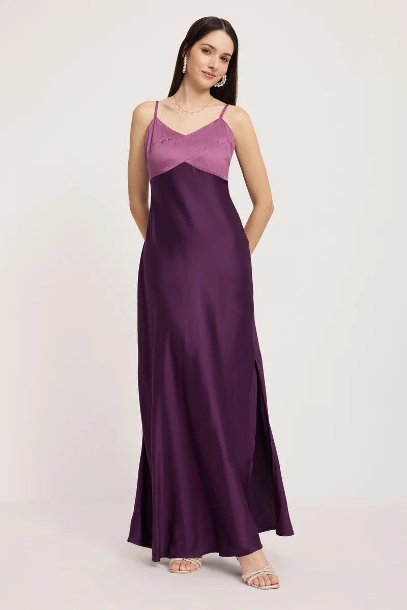 Ojara|100% Cotton Contrast Paneled Maxi Dress