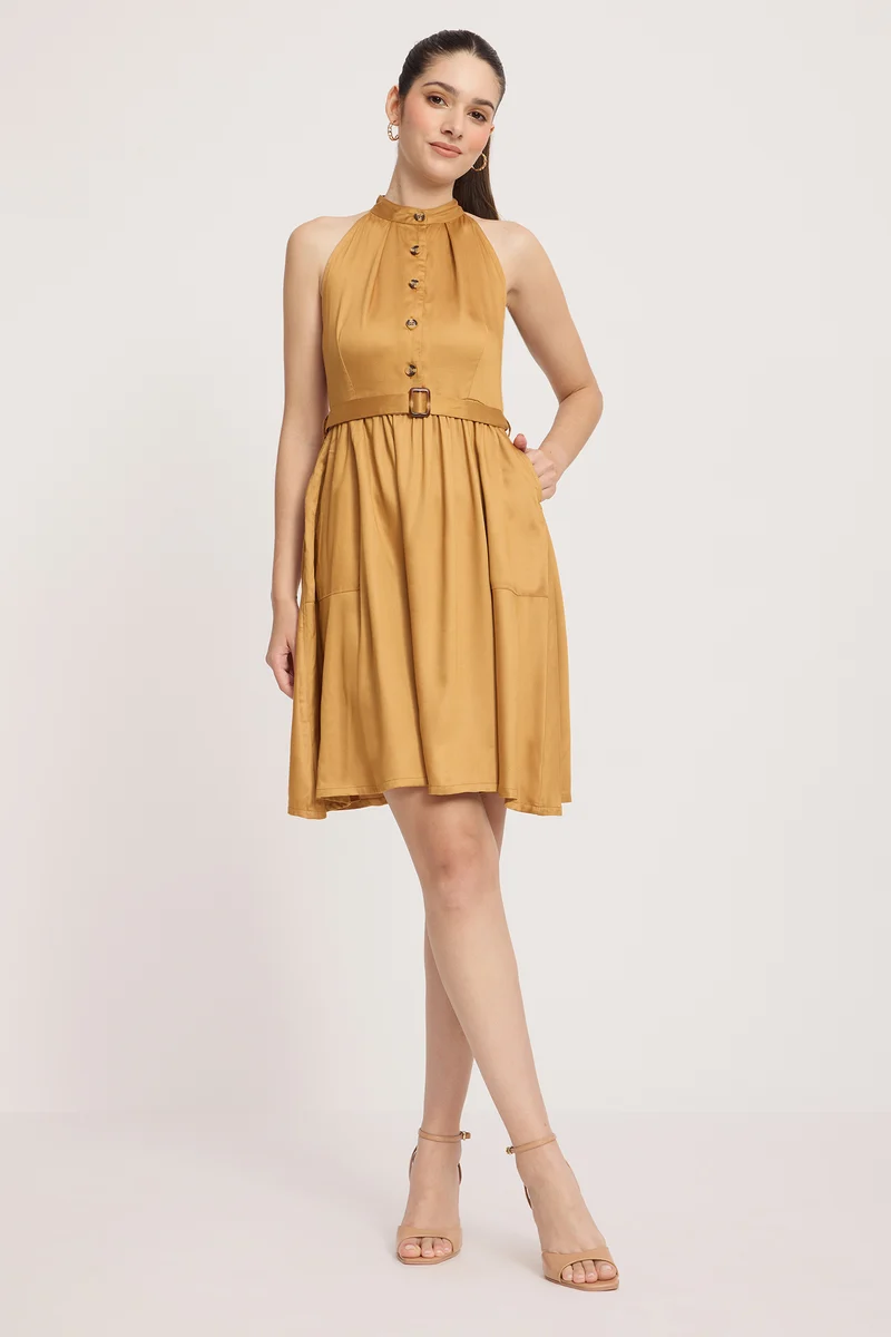 Shis|100% Viscose Halter Neck Mini Dress